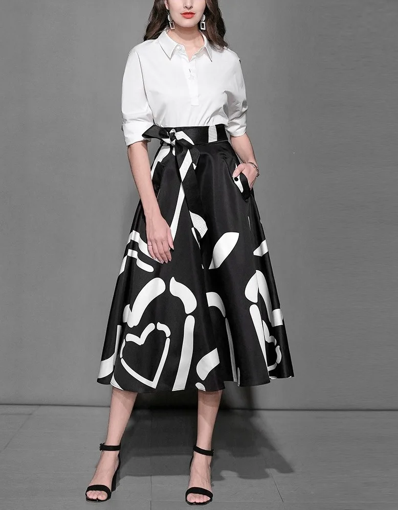 White Lapel Blouse & High Waist A Line Dress (4)