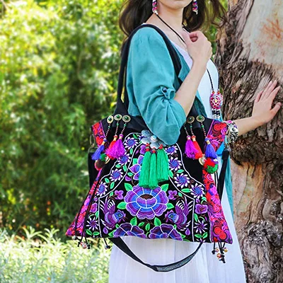 ETAILL большой национальный китайский стиль Hmong сумки через плечо, с вышивкой с кисточкой ручная вышивка Этническая ткань сумка через плечо - Цвет: Blue
