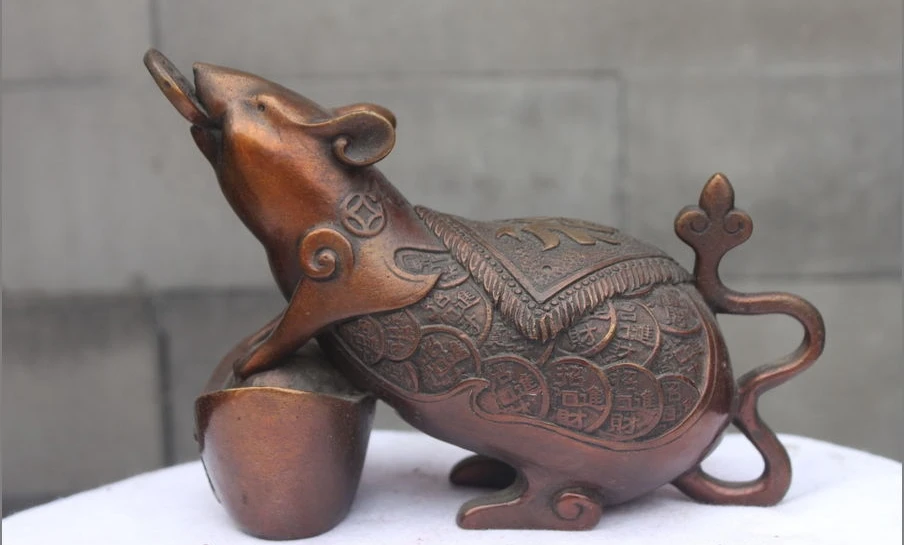 

Chinese Red Bronze Copper Feng shui Wealth YuanBao Zodiac Mouse Statue a 0518