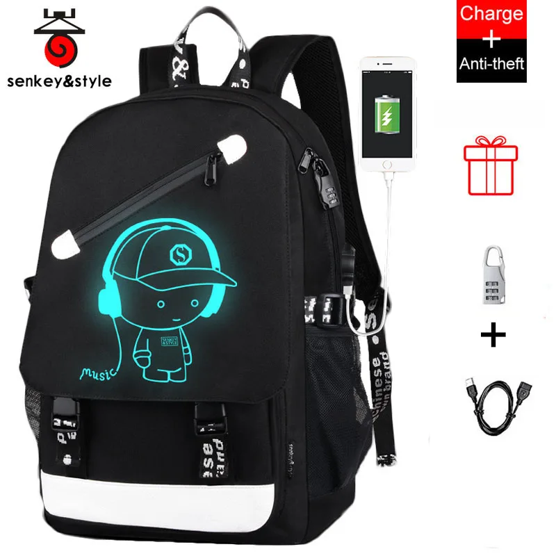 Luminous USB Charge School Bags Waterproof Large Anti theft Backpack Teenagers High School