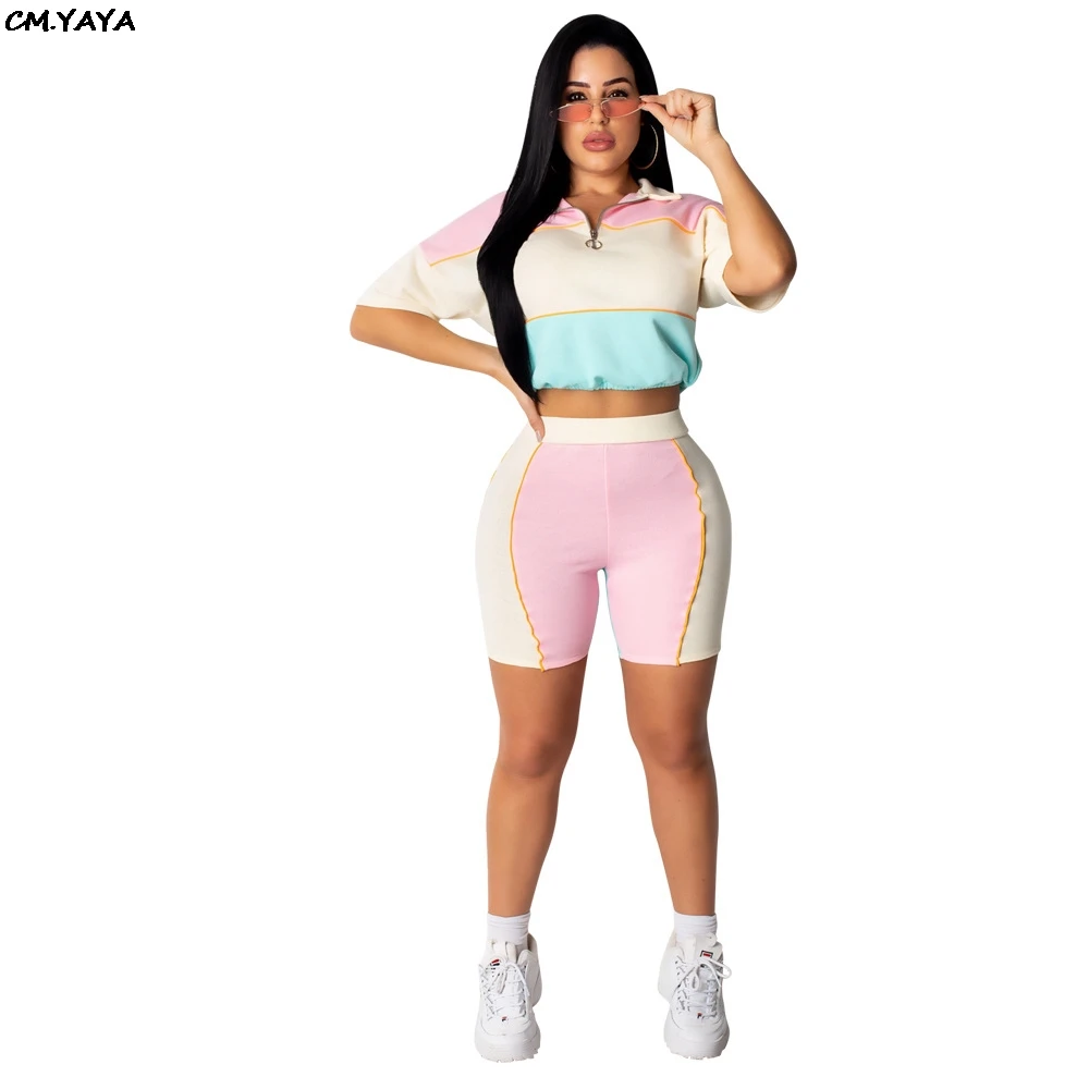 

2019 women new summer short sleeve patchwork zipper up top above knee length pants suit two piece set sporting tracksuit GLCM593