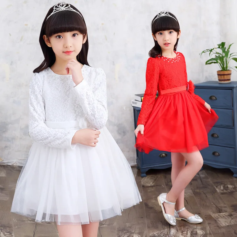 

2018 Girls Long Sleeve O Neck Lolita Style Dress Kids Spring Lace Patchwork Mesh Princess Dress Children Performance Red Dress