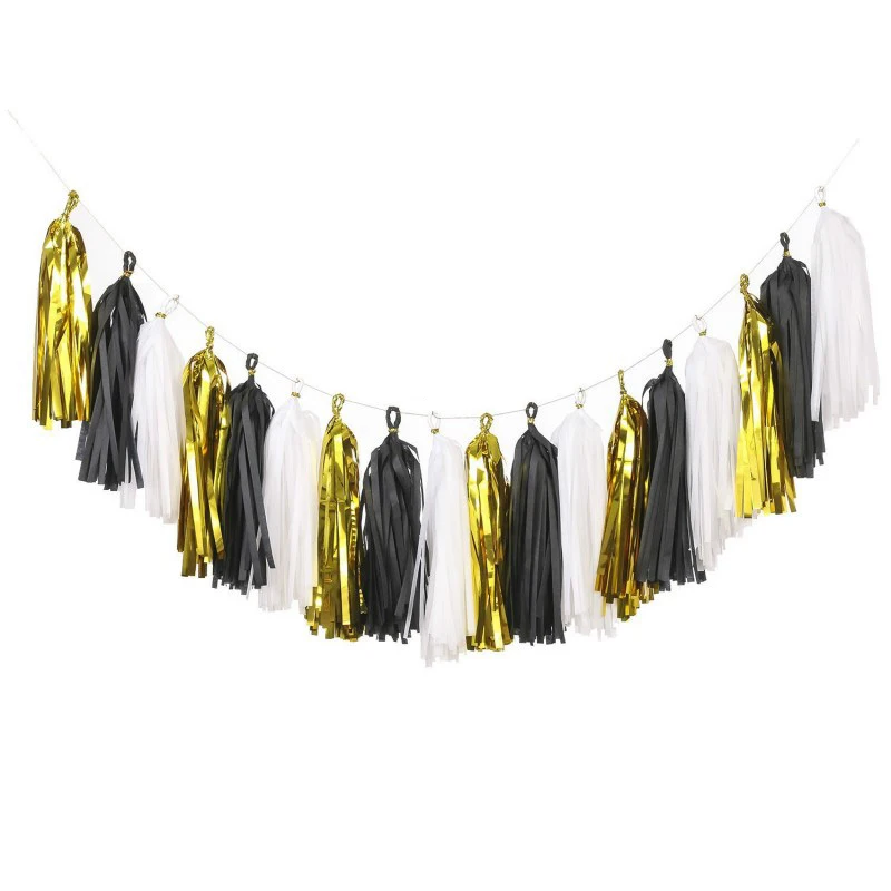 

15 PCS Tissue Paper Tassels Tassel Garland Banner for Wedding Baby Shower Event & Party Supplies (Metallic Gold+Black+White)