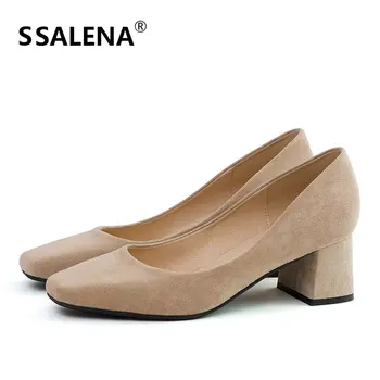

Ladies Slip On Chunky Heels Pumps Ladies Summer Fashion Square Toe Party Pumps Female Elegant Soft Nude Color Shoes AA51664