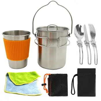 

304 Stainless Steel Hanging Pan Pot+Cup+Knife Fork SpoonKettle Outdoor Camping Picnic Cookware Boil Water Cooking Set