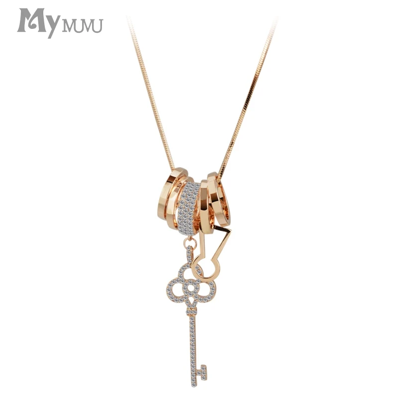 Mymmu Key Shape Crystal Circle Round Pendant Chain Long Necklaces Fashion Jewelry Women Sweater Necklace Wearing Accessories | Украшения и