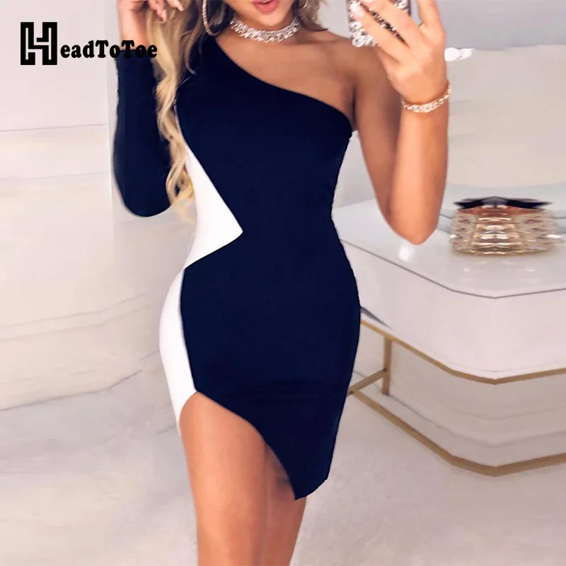 

Colorblock One Shoulder Slit Bodycon Dress