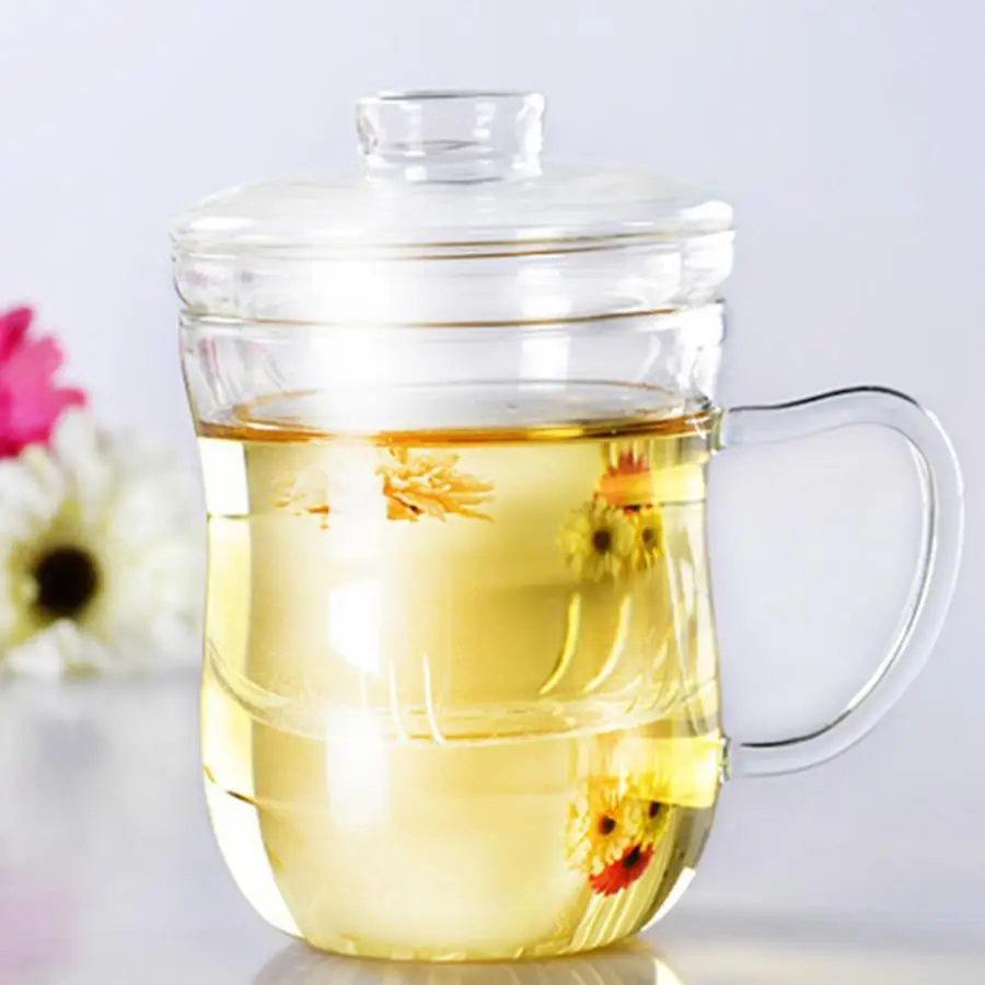 

New Arrival 400ML Transparent Heat Resistant Glass Cup with 3PCS Tea Filter Lid Office Magic Water Botter