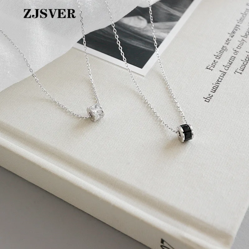 

ZJSVER Fine Jewelry 925 Sterling Silver Necklace Black/White Crystal Pendant Fashion Simple Silver Chain Necklace For Lover Gift