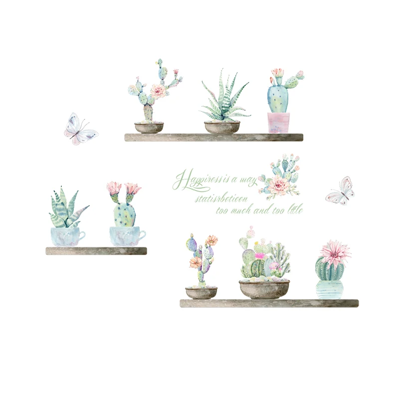 

Green Cactus Flower Pot Wall Stickers For Living Room Home Decoration Accessories PVC Plant Pastoral Mural Decor Wall Art Decals