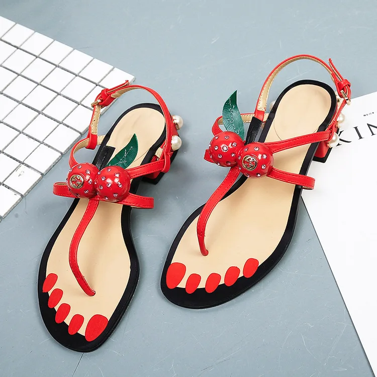 2017 Summer New Women Cherry Cherries Crystals Med Square Heels Buckle ...