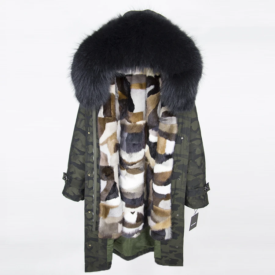 OFTBUY пальто с натуральным мехом, зимняя куртка для женщин, удлиненная Камуфляжная парка, большой воротник из натурального меха енота, капюшон, подкладка из натурального меха норки - Цвет: green Camouflage 2
