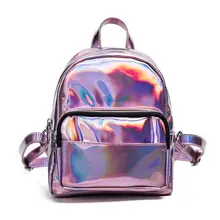 Голографический кожаный рюкзак для девочек розовый мини