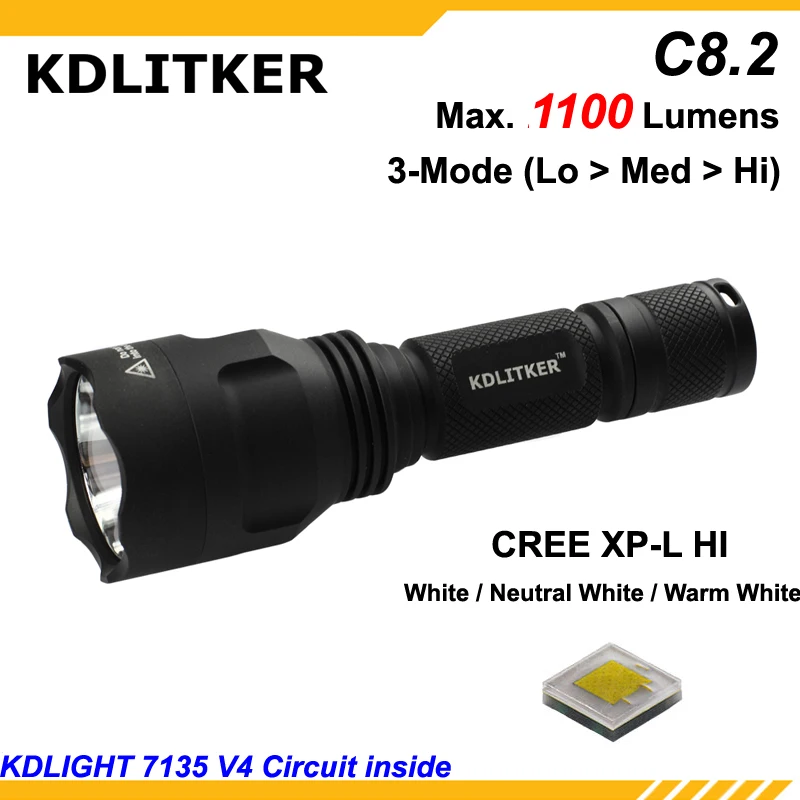 New KDLITKER C8.2 Cree XP-L HI White 6500K / Neutral White 5000K / Warm White 3000K 1100 Lumens LED Flashlight - Black (1x18650)