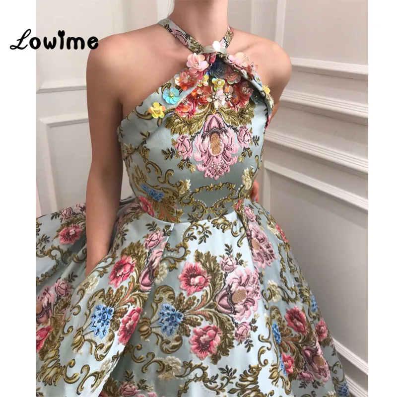 green ball gown Vintage Floral Print Halter Prom Dresses Couture Evening Gown 2018 Vestido De Festa Longo Elegant Women Party Dress Abendkleider dark green prom dress