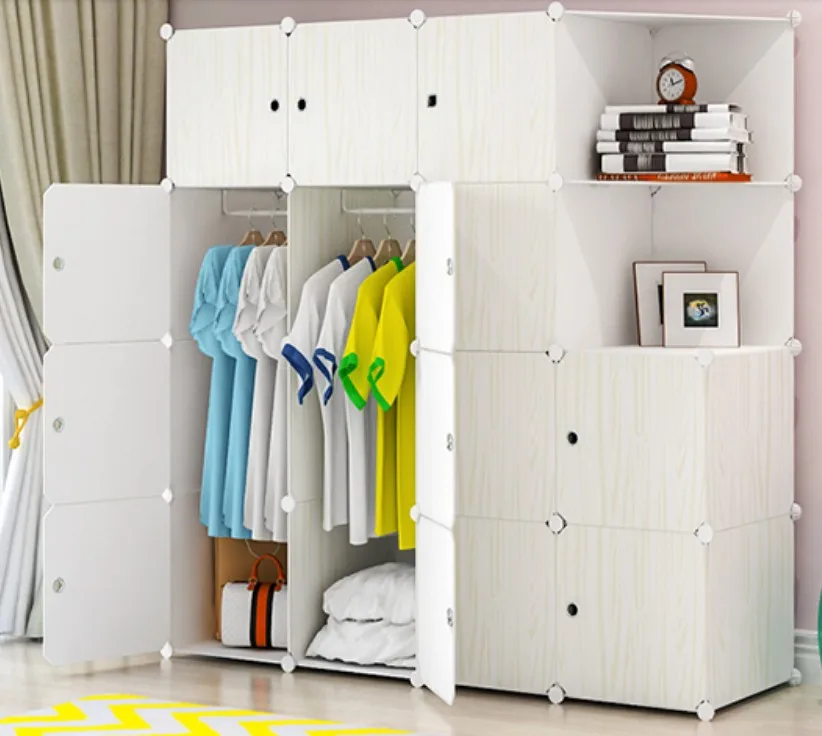 Мебель для хранения одежды шкафы Металл смолы ткань шкаф пальто шкаф Органайзер Белый деревянный узор спальня шкаф B501