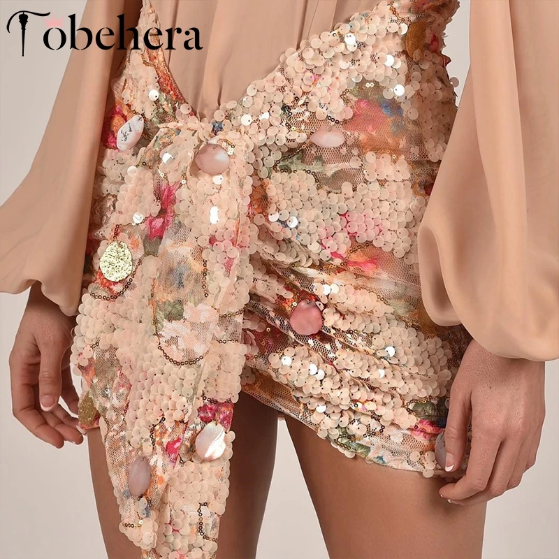 Многоцветный Glamaker, Цветочная нестандартная короткая юбка с блестками, женская летняя юбка с оборками для вечеринки, сексуальная элегантная облегающая женская юбка, уличная одежда - Цвет: Многоцветный