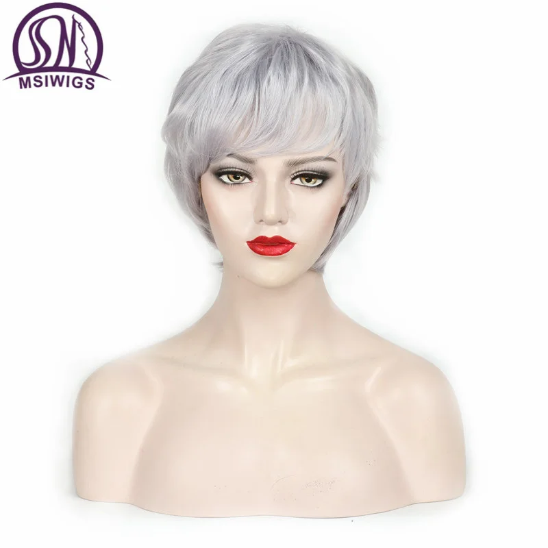 MSIWIGS прямой короткий парик для старшего Для женщин серебристый белый серый синтетические парики с челкой натуральный коричневый парик для