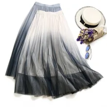 Spodnica женские юбки летняя новая сетчатая градиентная цветная одежда корейского женского размера плюс длинная Плиссированная юбка с высокой талией