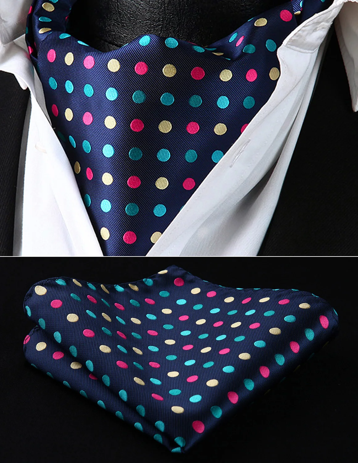 

Mens Navy Blue Pink Yellow Polka Dot Ascot Tie Pocket Square Set#RD705VS Woven Men Party wedding Tie Necktie Handkerchief Set