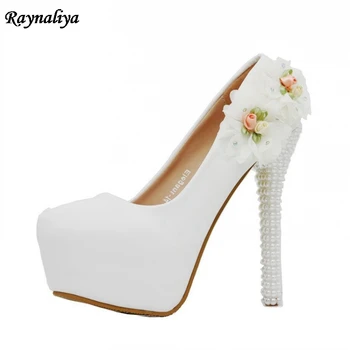 

Woman Crystal Pearl High Heels Platform Pumps Nude Thin Heel 14CM Women Wedding Shoes Pumps White Shoes Handmade XY-A0062