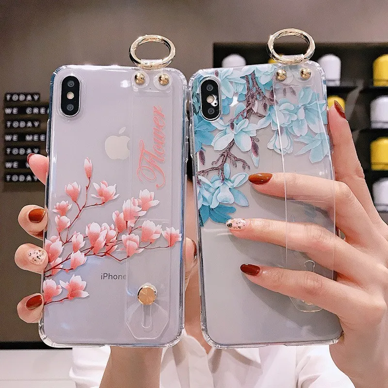 

Transaprent Case with Holder for iPhone 8 plus 7 plus 7 8 6 6s plus Flower Case for iPhone XR XS X XS MAX Soft TPU Funda Cover