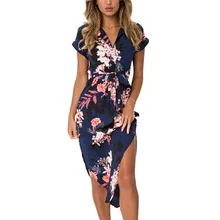 Платье с цветочным принтом богемский летние женские пляжные платья Асимметричный Подол Туника Бандажное платье с коротким рукавом Элегантные миди вечерние платья