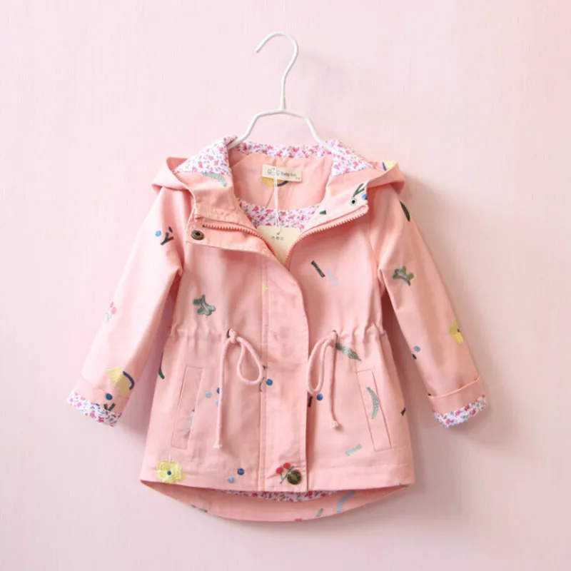 

2018 New Spring Autumn Girls Windbreaker Coat Baby Kids Flower Embroidery Hooded Outwear Toddler Children Pink Blue Jacket Coats