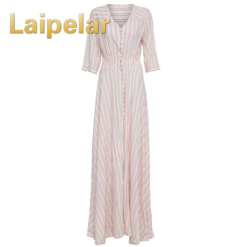 Богемное платье Laipelar розовая полоса печати Vestidos V шеи пуговицах High Hem три четверти рукавами этаж Длина длинное платье