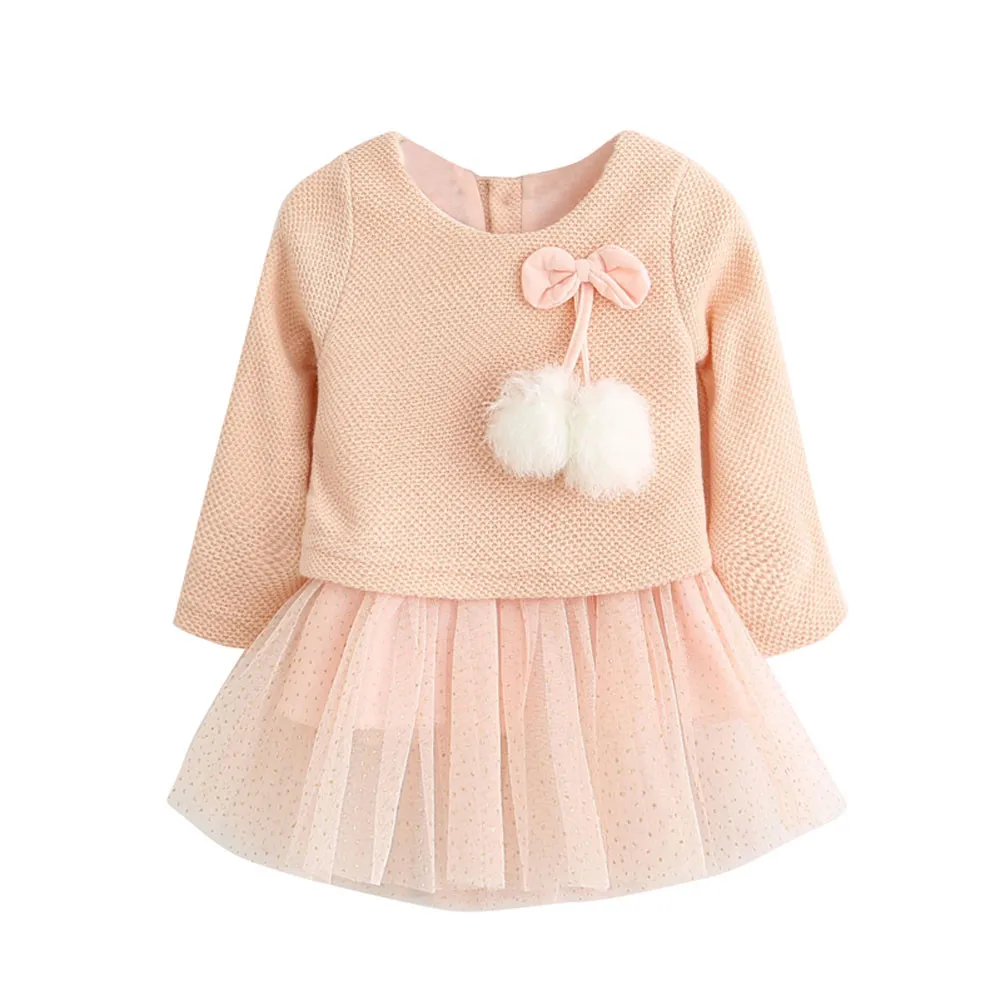

Toddler Baby Kid Girls Long Sleeve Knitted Bow Newborn Tutu Princess Dresses 0-24M Two Pieces Set Children Clothes Skirt Suit