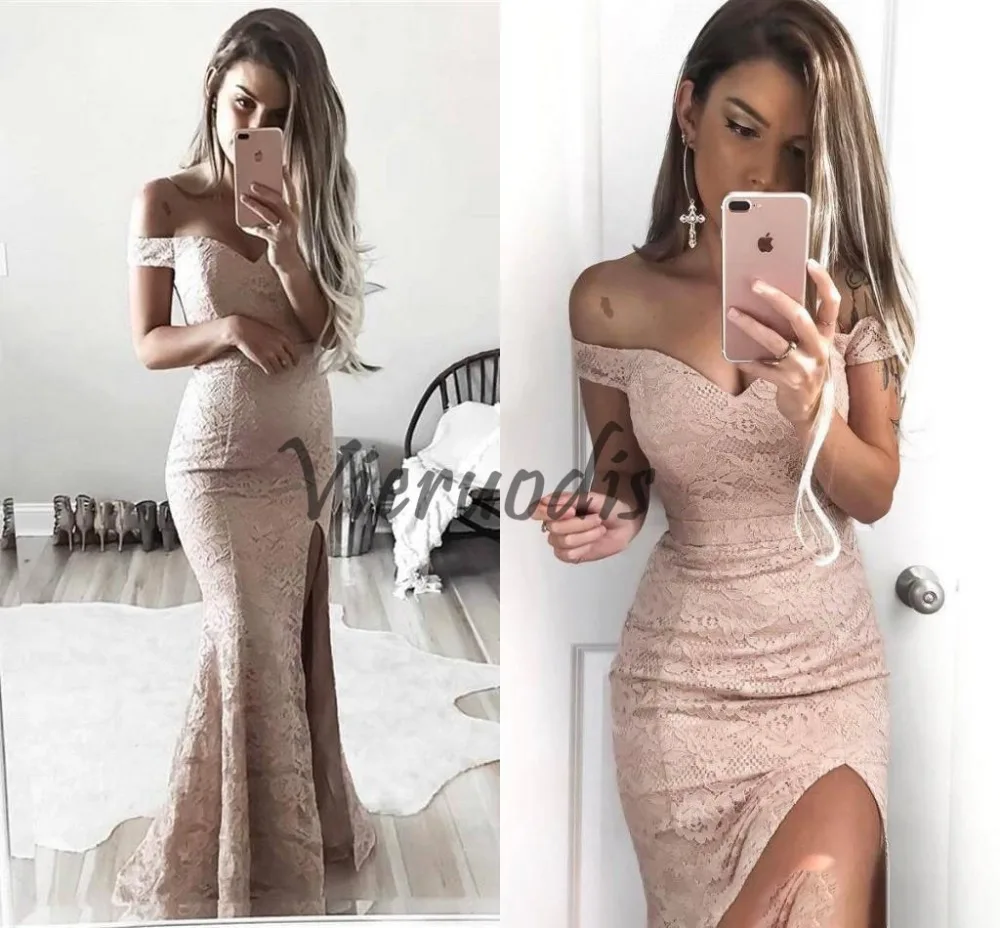 081Sexy 2018 Off-Shoulder Full Lace Mermaid Evening Dresses High Side Split Formal Pageant Prom Dress Long Party Gown