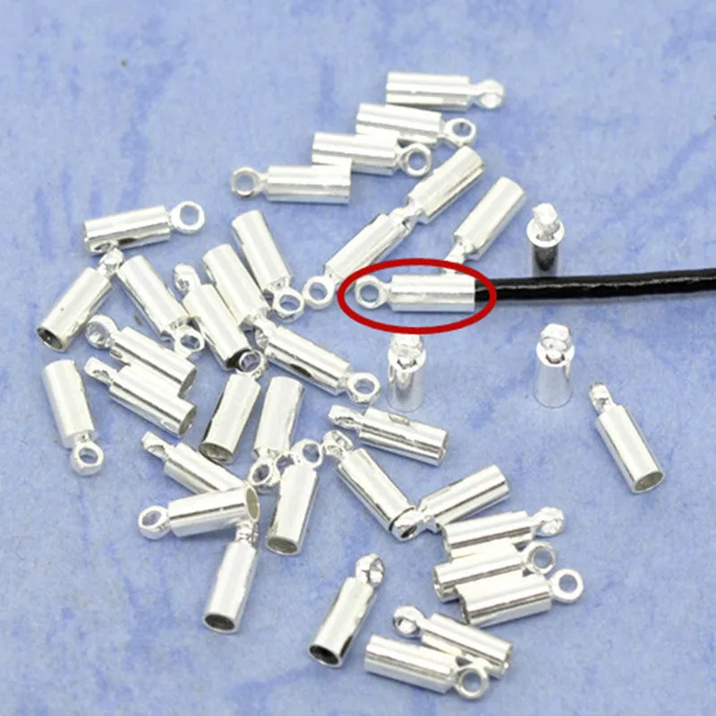 100Pcs Silver Plated Copper Cord Crimp End Caps Loop DIY Fashion Jewelry Findings 8x2.5mmin