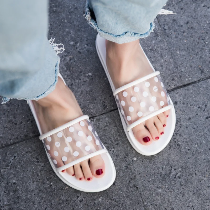 

Summer Slippers Shoes Woman 2019 Polka Dots Transparent Peep Toe Flip Flops Clear Women Outdoor Flat Beach Slides Casual Shoes