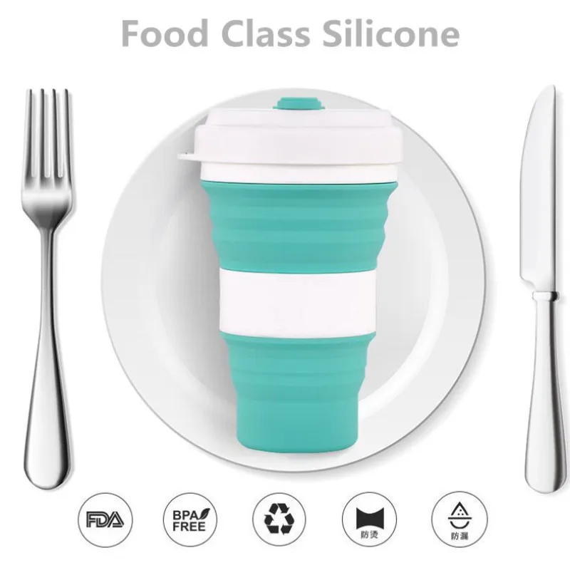 Portátil plegable taza de silicona plegable Camping taza con tapas taza de agua potable botella de Camping al aire libre senderismo