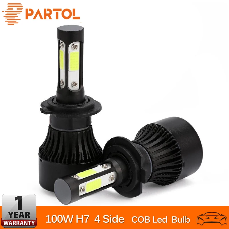 

Partol 4 Sides COB Chips H7 Car LED Headlight Bulbs 100W/set 10000lm Auto Headlamp LED Light 12v 24v for Toyota Renault Hyundai