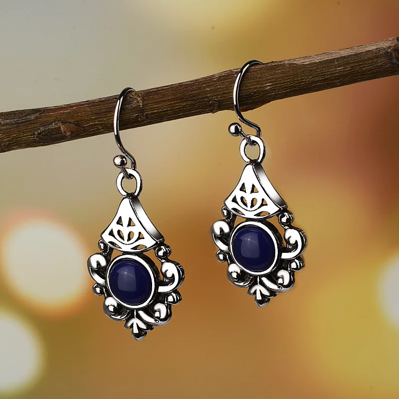 silver blue OMHXZJ Европейская мода Горячая Женская Вечеринка день рождения свадебный подарок винтажный сапфир 925 Висячие серьги из серебра 925 пробы EA531 - Цвет камня: silver blue