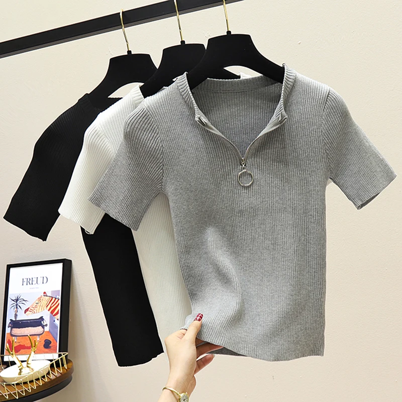 

Solid simple color Cotton Knitting Shirt Women Casual Polo Shirt Zipper Decorative Sweater V Neck Short Sleeves Shirt Women
