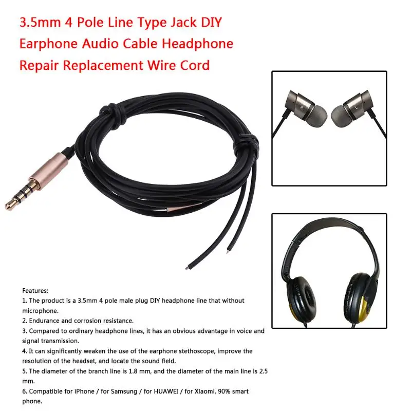 1.25m/4.1ft 3.5mm jack DIY Earphone Audio Cable Headphone Repair Replacement Wire Cord Line