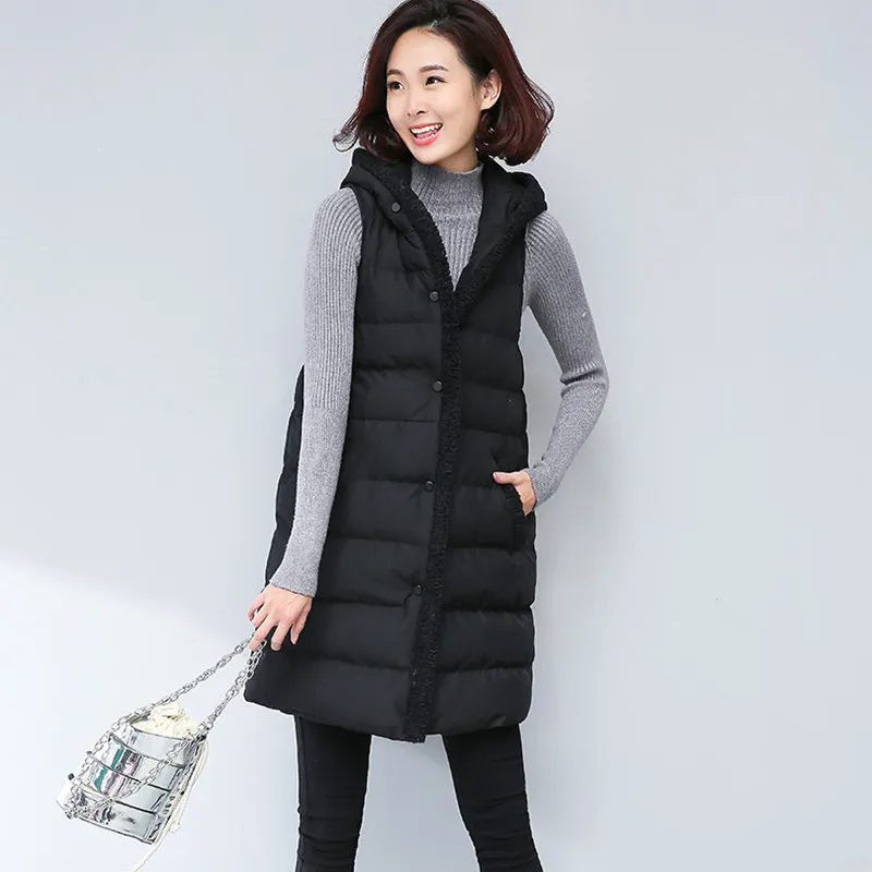 Осень зима корейский женский длинный жилет с капюшоном хлопковое пальто свободный большой размер однобортный толстый без рукавов парка LQ204 - Цвет: black