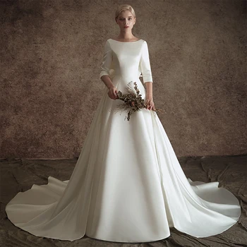

New A-line Satin Modest Wedding Dresses With 3/4 Sleeves O Neck V Back Vintage Modest Bridal Gowns Wth Detachable Train