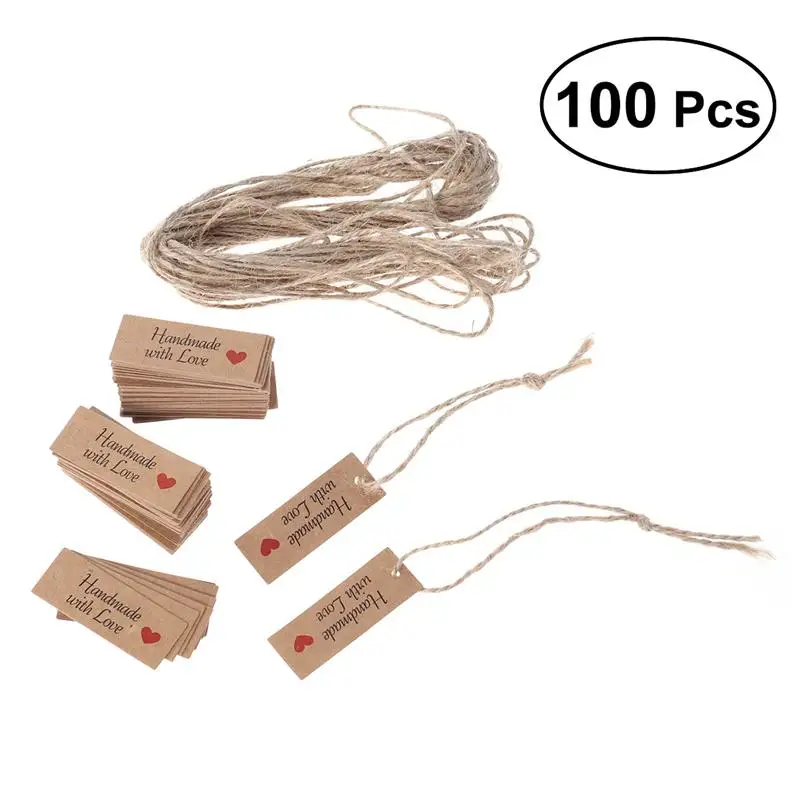 

100pcs Kraft Paper Tags with Strings Gift Favors Baking Food Package Tags Handmade with Love Card Hanging Labels DIY Crafts