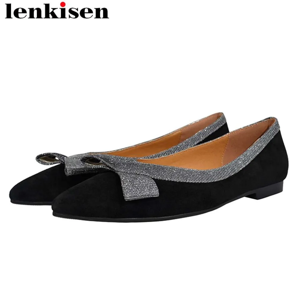 

Lenkisen mixed colors genuine leather butterfly-knot decoration pointed toe slip on loafers plus size pregnant women flats L6f5