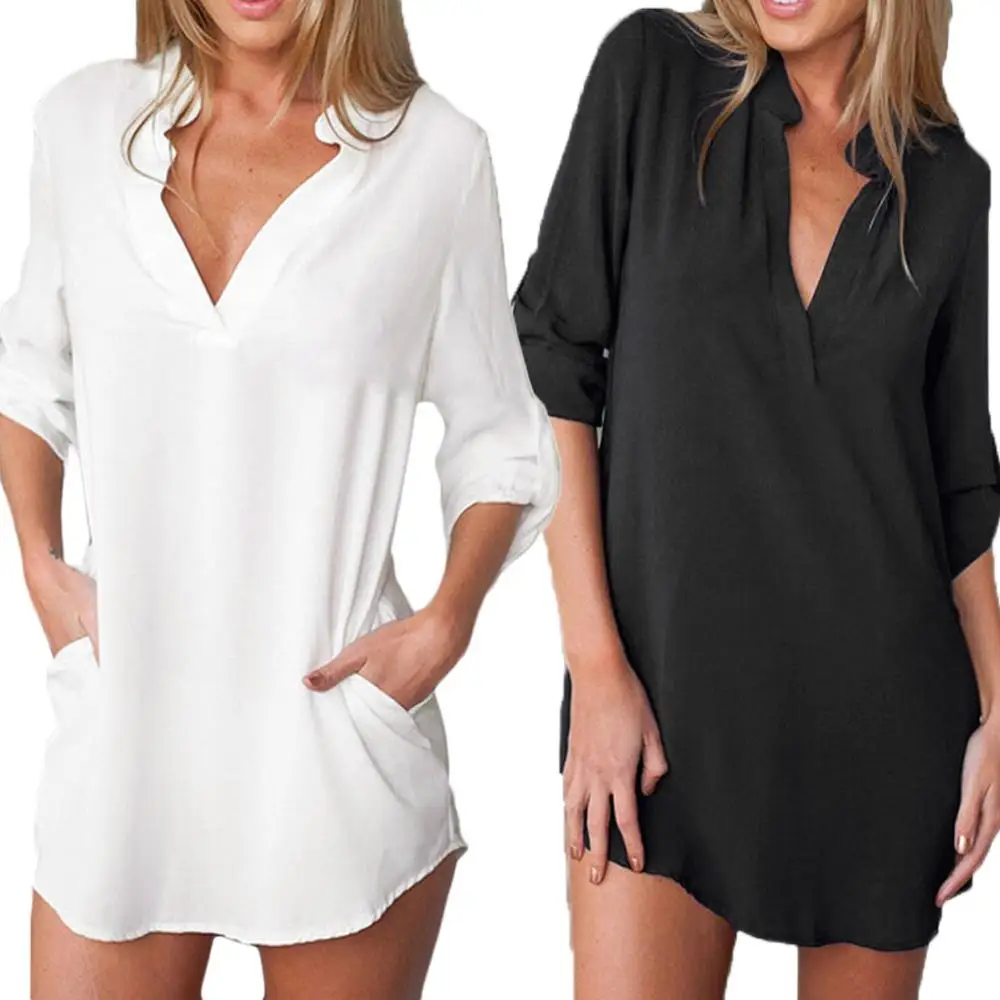 

5XL Plus Size Tunic Women Chiffon Shirt V Neck Pockets Roll up Long Sleeves Asymmetrical Solid Loose Casual Blouse Shirt female