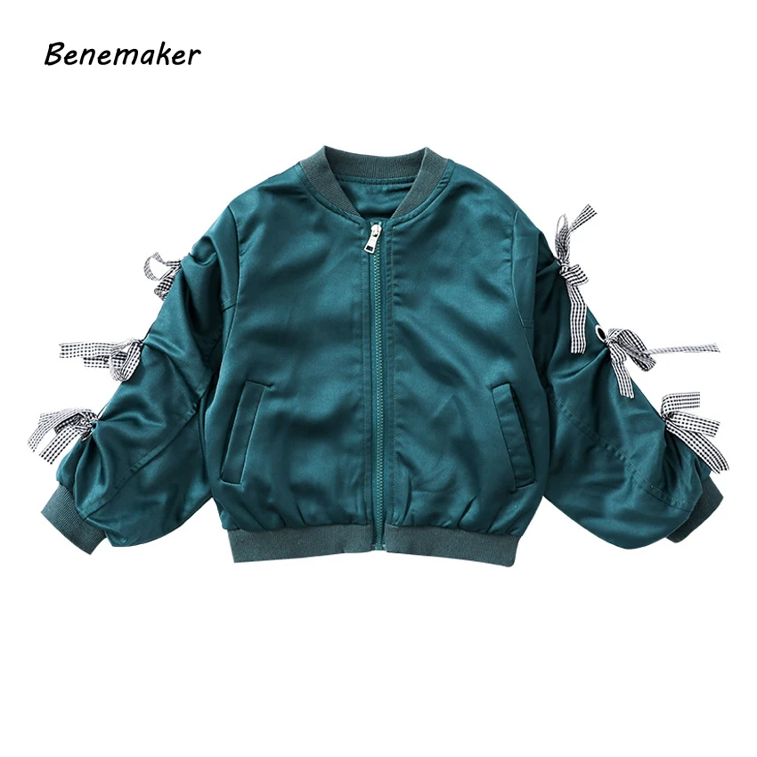 

Benemaker Bandage Bomber Jacket For Girl Autumn Children's Bow-knot Ribbon Windbreaker Clothing Baby Kids Outerwear Coats YJ018