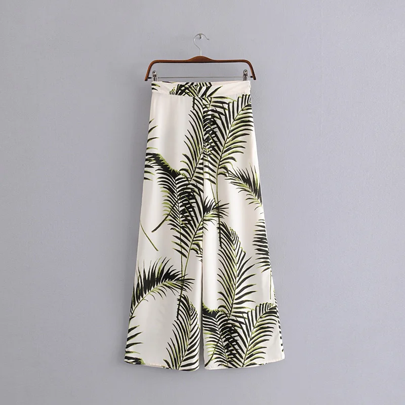 

High Waist Tropical Leaf Print Loose Long Palazzo Pants 2019 Summer Women Zipper Waist Wide Leg Pants