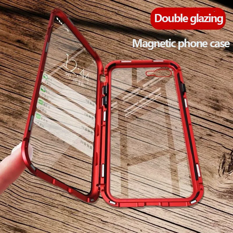 

For iPhone XR XS MAX X 8 Plus 7 6 6S luxury Metal Magnetic Case Plus+Tempered Glass Back Cover for Samsung Not8 S9 plus not9 S8