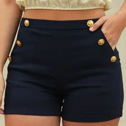 3XL плюс Размеры летние шорты Для женщин пикантные Высокая Талия посылка бедра короткие Femme 2018 модные Фитнес кнопка дамы шорты синий черный