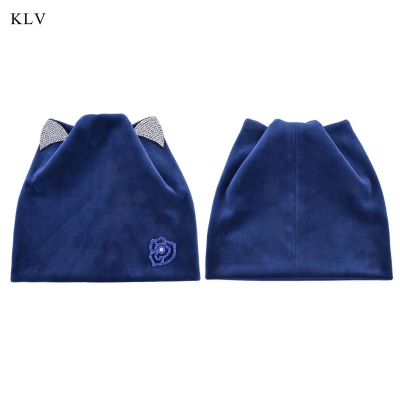 KLV New Womens Autumn Winter Flower Sweet Cat Ear Head Hat Velvet Warm Skullies Cap With Shiny Rhinestone Cute Sheathing Bonnet