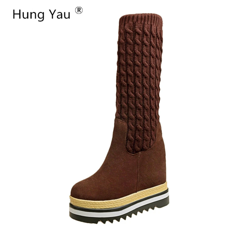 Beste Opgehangen Yau Schoenen Voor Vrouwen Dikke Bodem Ronde Neus Boot Slip on Lady Enkel Breien Laarzen Winter Warme Laarzen zwart Bruin Maat 35 39