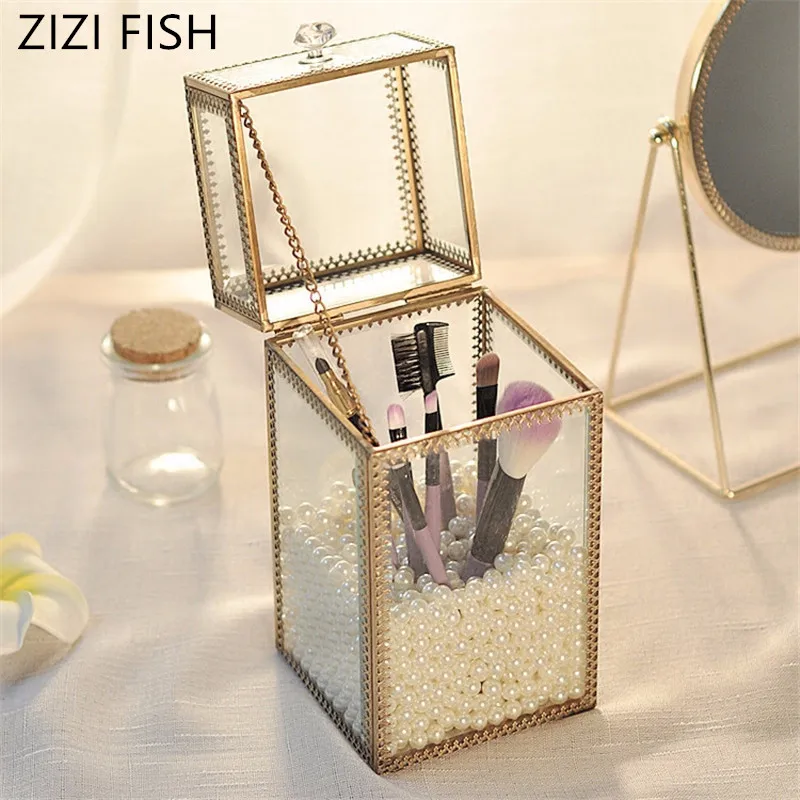 

Retro glass flip brush tube Jewelry storage box jewelry display box Brush storage box dust-proof Desktop Decoration